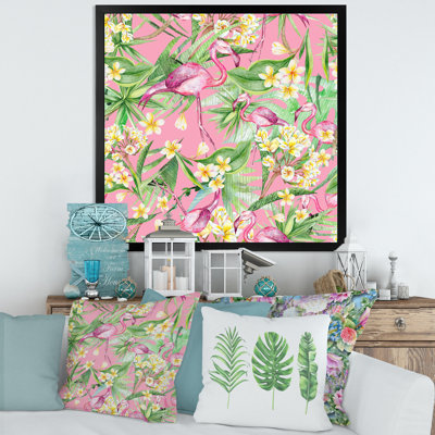 Feuillage tropical, fleurs jaunes avec flamant III - peinture sur toile