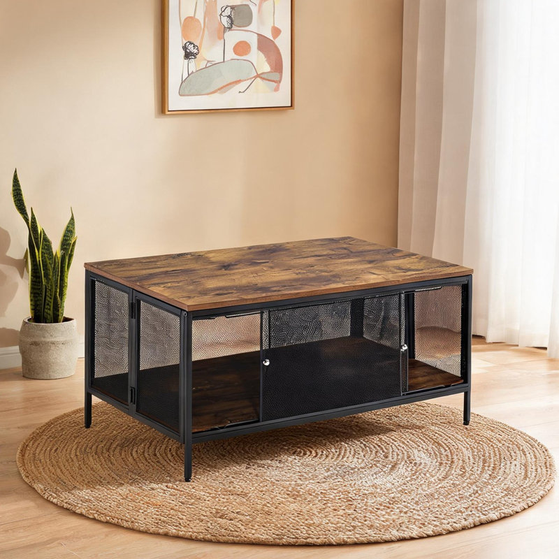 Table basse rectangulaire en chêne massif et finition noir mat, bois massif, quatre portes coulissantes en filet