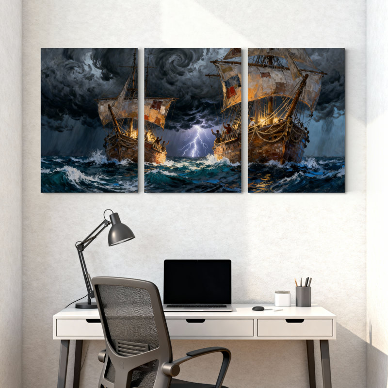 Ensemble de 3 impressions sur toile Nautical Stormy Seas, H 24 po x l 48 po