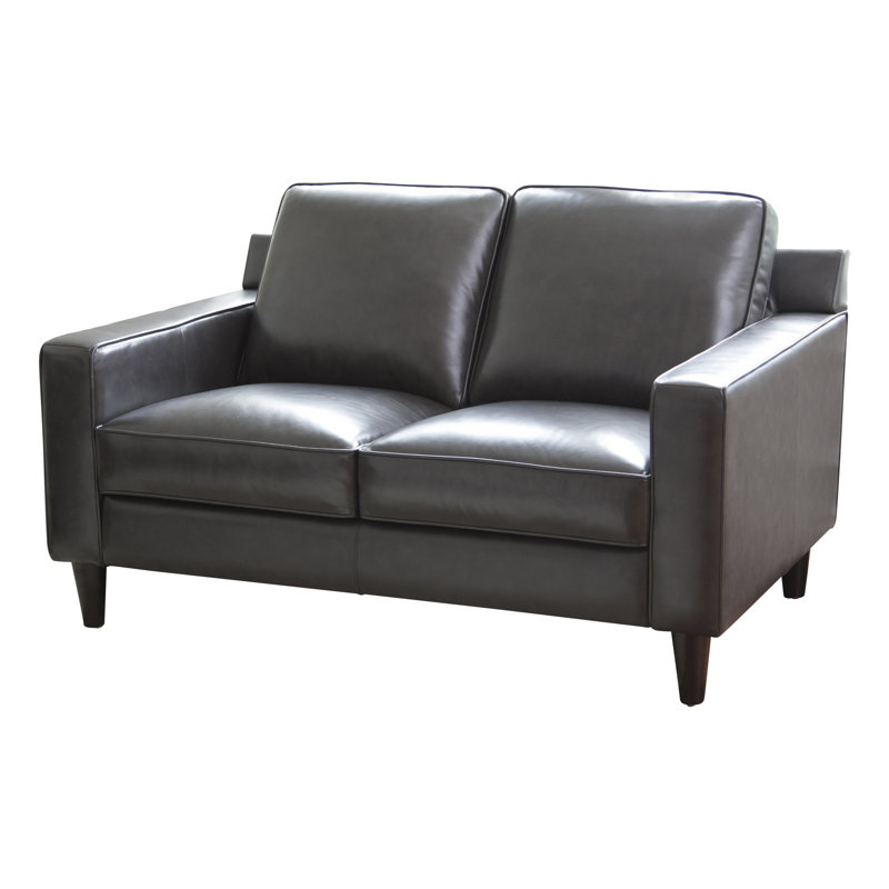 Causeuse à accoudoirs carrés en cuir véritable 59 po Nalston, Cuir véritable gris foncé