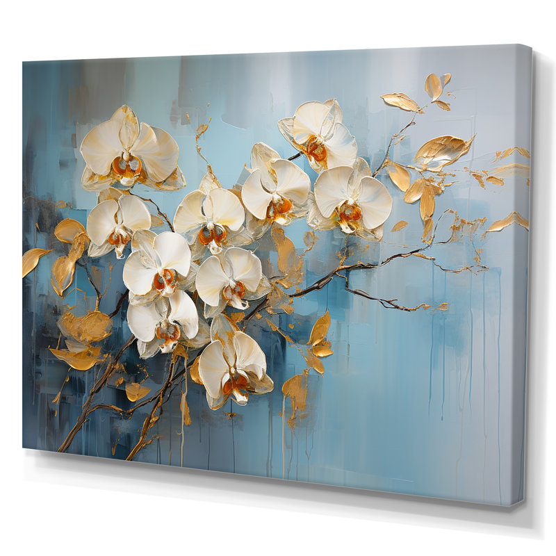 Orchidées beiges et dorées Simplicity IV sur toile, H 16 po x l 32 po x P 1 po, Toile tendue