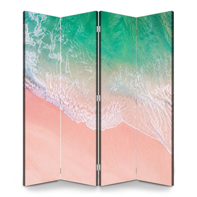 4 Panels Folding Screen Room Divider Royal Aerial View Pink Sand Beach Turquoise Ocean Waves Canvas Screen Room Separator Freestanding Protective Wall Divider Privacy Partition for Bathroom