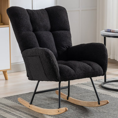 Chaise berçante avec poche, chaise berçante en tissu doux pour chambre de bébé, chaise berçante confortable à oreilles avec base en bois massif pour le salon, la chambre et le balcon (vert)