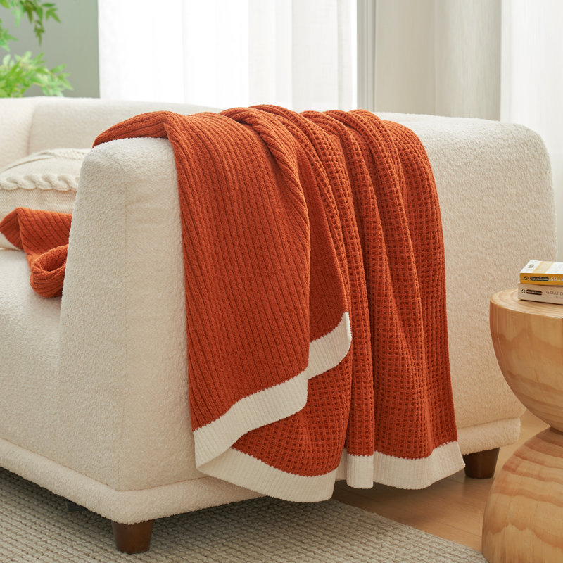 Jeté réversible en tricot de chenille tissé gaufré doux pour canapé, lit et salon, L 50 po x L 60 po, Orange