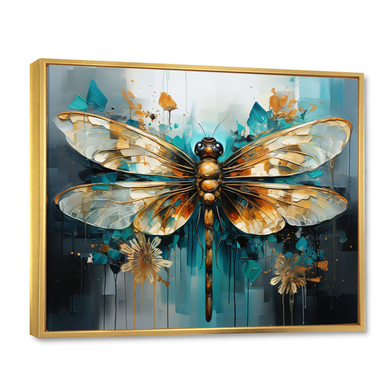 Bleu sarcelle, turquoise, libellule, gouttes I - Libellule, art mural, Cadre flottant doré, H 12 po x l 20 po x P 1 po