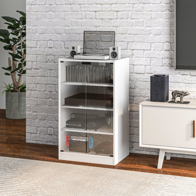 Étagère moderne moderne, 4 avec portes en verre trempé, tablettes réglables, gestion des câbles, armoire pour appareils vidéo blanc patiné, portes et électronique de gestion, livres