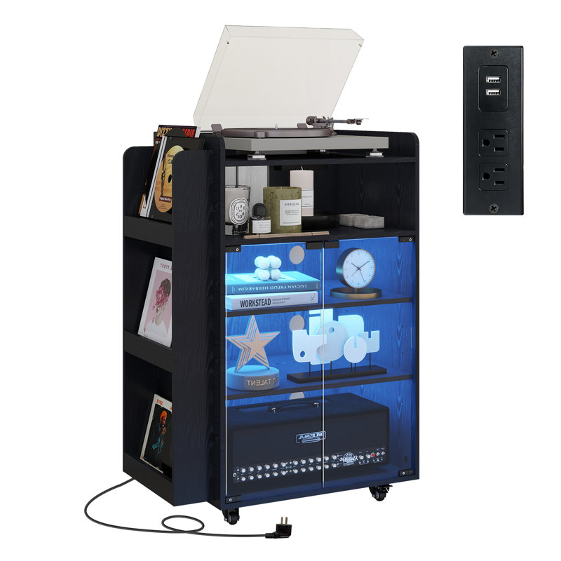 Meuble multimédia avec tablette de rangement pour disques vinyles, porte vitrée, noir