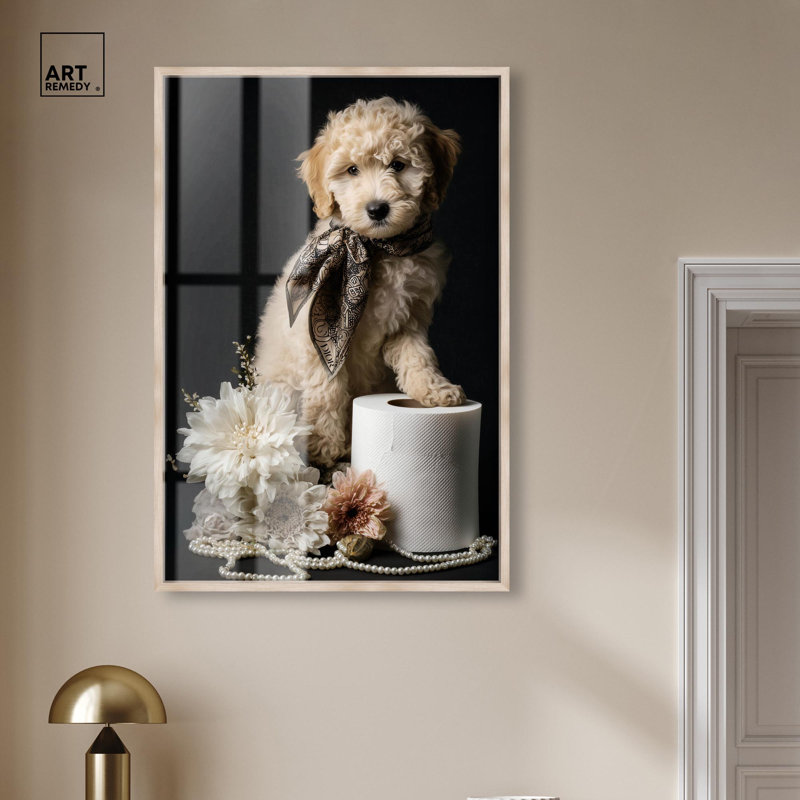 Art de salle de bain Goldendoodle, H 46 po x l 31 po, Cadre blond