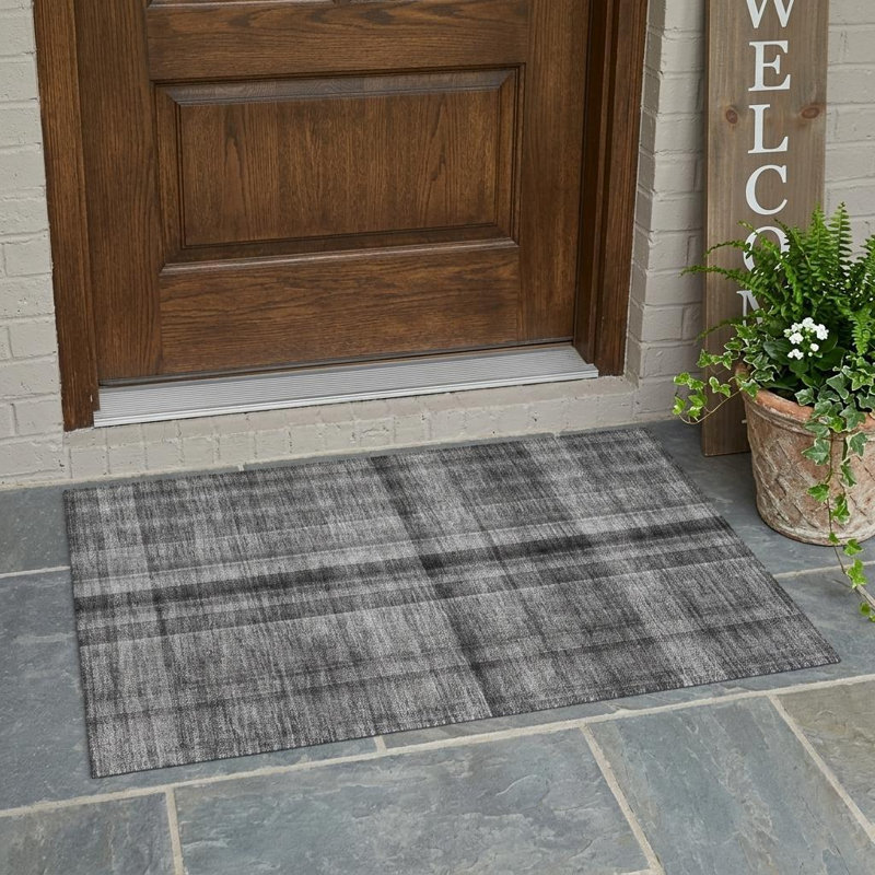 2' X 3' Grey Plaid Washable Non Skid Indoor Outdoor Area Rug