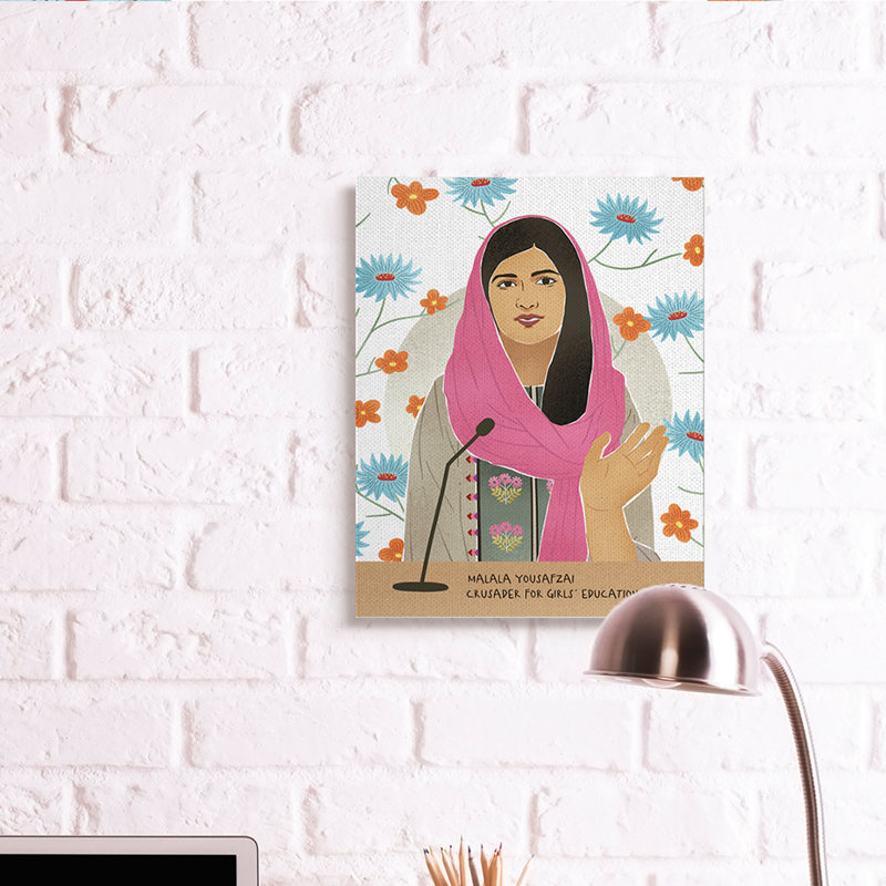 Malala, parole, sur, bleu, orange, fleurs, icône, femme, Toile tendue, H 48 po x l 36 po