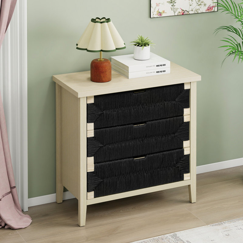 Buffet 3 tiroirs avec tablettes réglables, armoire de rangement avec tiroirs décoratifs en corde tissée à la main pour le salon