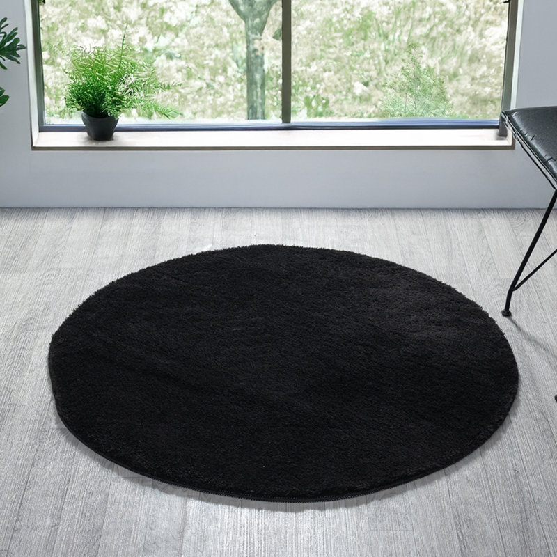 Taeler Washable Modern Living Room Rug Polyester - Anti-Slip Felt Backing Carpet Bedroom-Hallway, Black, Round 100 cm