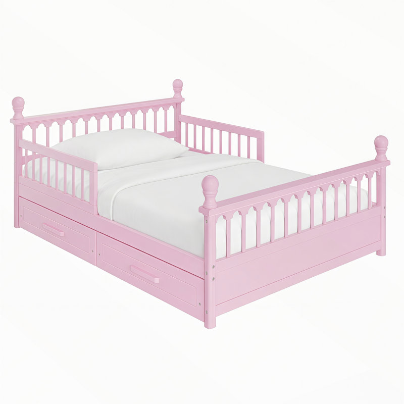 Lit plateforme avec 2 tiroirs de rangement sous le lit et des barrières de sécurité, Double, Rose