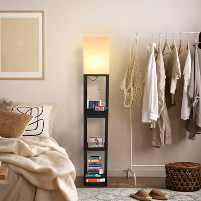 Lampe sur pied avec tablettes et lampe sur pied avec ampoule à DEL 3CCT, 1 tiroir et 2 ports USB, 2 prises de courant, grande lampe sur pied à colonne d'angle pour salon, chambre à coucher et bureau (noir)