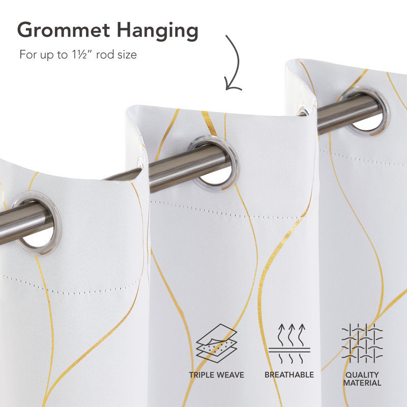 Grayish White-Gold Wave Blackout Grommet Curtains, 52x84 Inch, 2 Panels