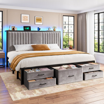 Upholstered Platform Bed With 5 Drawers & Storage Headboard, Metal Bed Frame With Led Lights & Charging Station