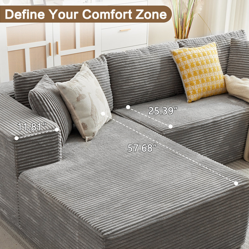 Boneless 105 '' W No Assembly Required Upholstery Corduroy Modular Sectional Couch Sofa with L-Shape Chaise 2 Piece and 5 Pillows Back, Free Combination, Modern Modular Sofa with Deep Seat