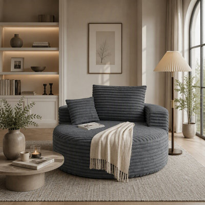 Méridienne ronde de 50 po surdimensionnée, méridienne rembourrée moderne avec siège profond, canapé-lit moelleux et confortable pour coin-lecture, salon, chambre à coucher, aucun assemblage requis, gris