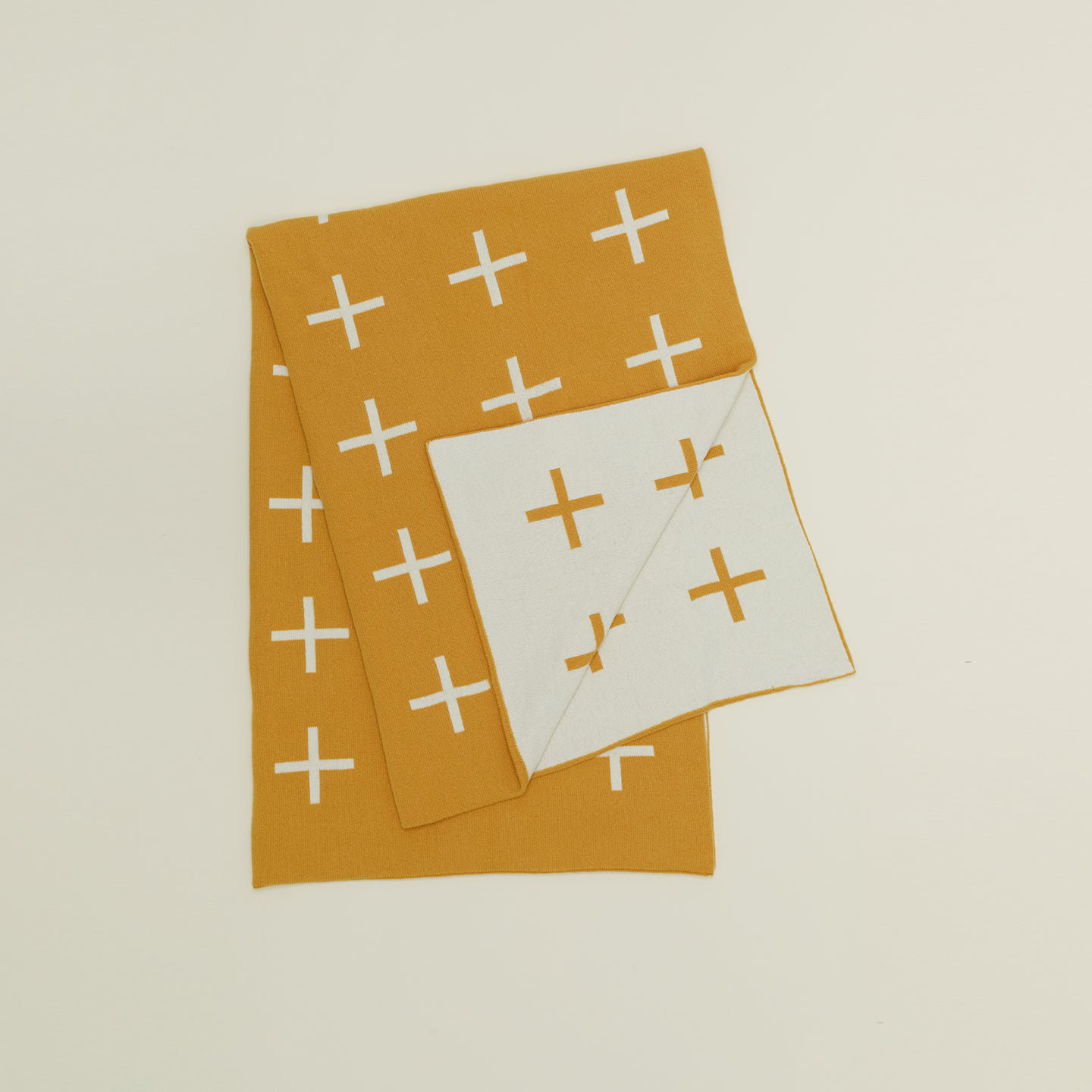 Knit Wool Throw Blanket, White/Mustard