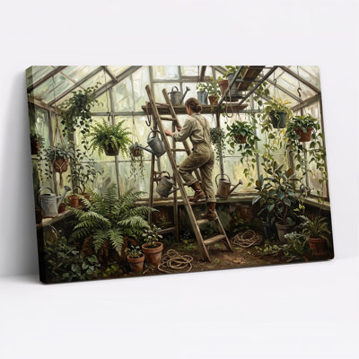 Art mural sur toile échelle de jardinier avec serre remplie de plantes