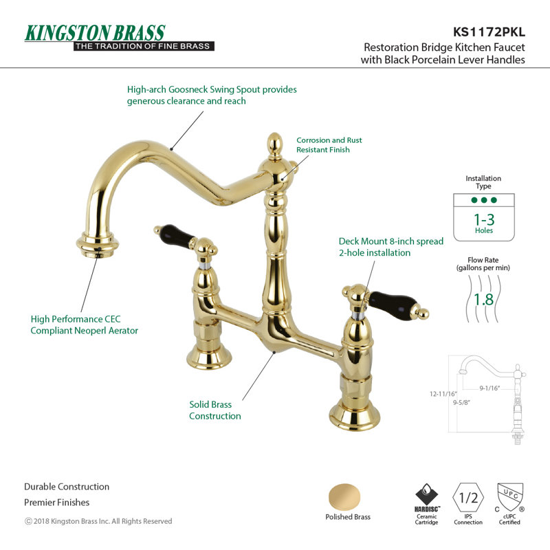 Kingston Brass Duchess Two-Handle 2-Hole Deck Mount Bridge Kitchen Faucet, Polished Brass