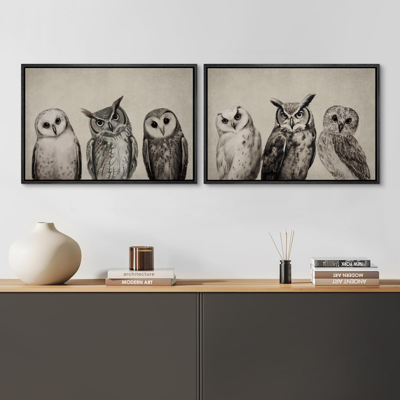 Oiseaux, animaux, hiboux, animal, 2 pièces, H 16 po x l 24 po, Cadre noir