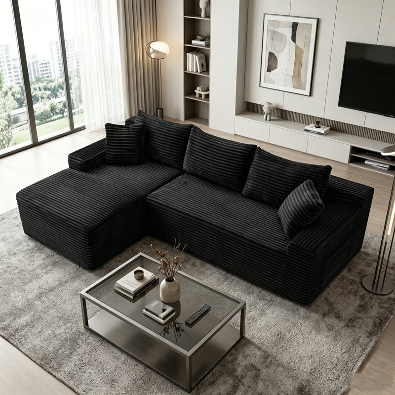 Canapé modulaire surdimensionné en L surdimensionné avec méridienne réversible et coussins décoratifs, sans assemblage, Black