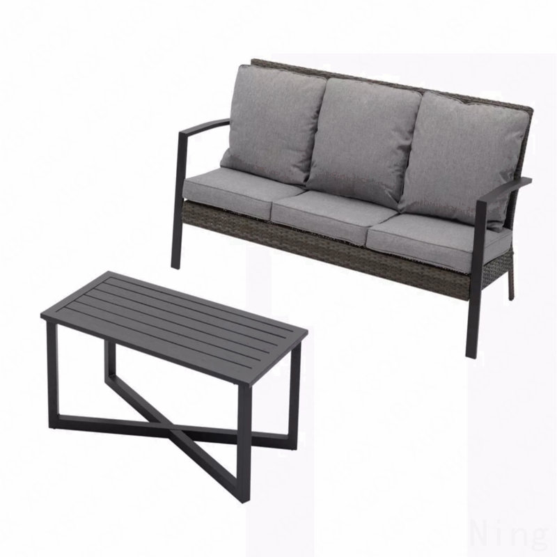 2-Piece Wicker Patio Conversation Set With Beige Cushions & Coffee Table, Gray