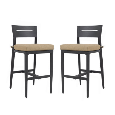Tabourets de bar d'extérieur modernes de 2 pièces, chaise de bar de patio en aluminium avec dossier ergonomique, pieds fuselés, repose-pieds, noir Ember, coussin Sunbrella, résistant aux intempéries, pour jardin, bord de piscine et îlot de cuisine