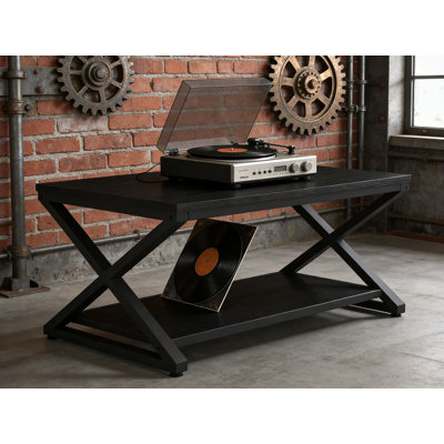 Table basse moderne noire avec tablette de rangement, design minimaliste en métal et en bois à 2 niveaux, table centrale rectangulaire de 39 pouces pour le salon, la chambre à coucher ou le bureau