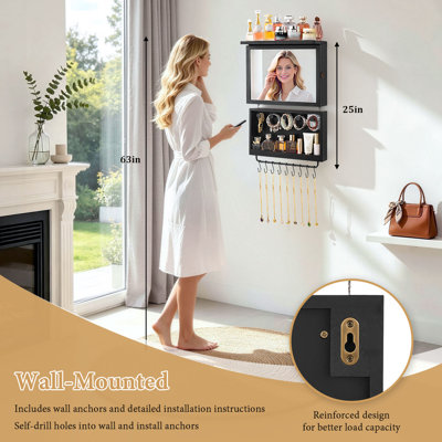Wall‑Mounted Jewelry Organizer Cabinet with Mirror, Large Capacity Hanging Jewelry Storage Box with Earring Holes, Necklace Hooks, Cosmetic Storage Shelf for Bedroom Closet Vanity,Black