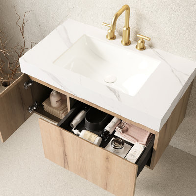 Meuble-lavabo flottant de 36 po en contreplaqué, pierre frittée blanche, lavabo en céramique et porte de tiroir pour meuble-lavabo décoratif: armoire en contreplaqué, tiroir, porte, ouverture facile