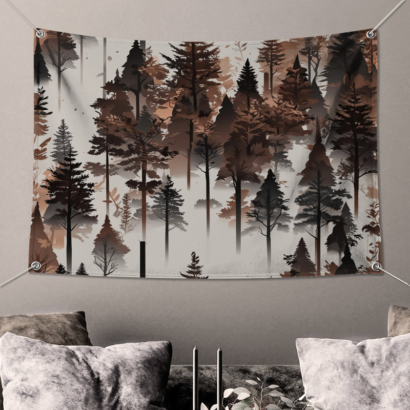 Tapisserie murale silhouette de forêt brumeuse - décoration murale arbres, 104 po H x 88 po avec 4 œillets