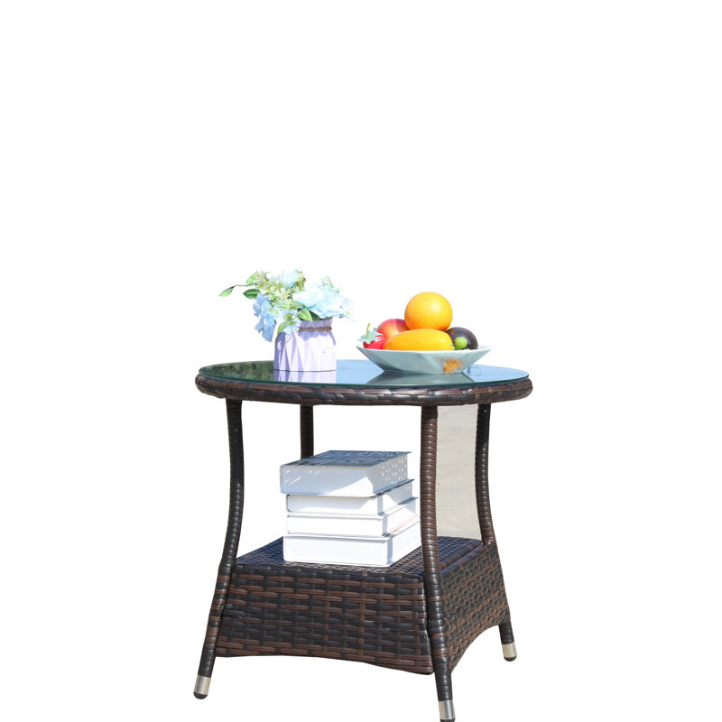 Round Patio Coffee Table With Tempered Glass Surface - Pe & Steel Frame, 21X21x21", Brown, Assembly Required Outdoor Metal, 21X21x21 Inch, To Weather,