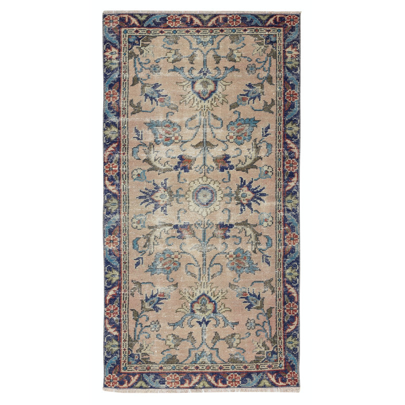 Tapis turc fait à la main 2,9 x 5,5 pi pour décors bohémiens et classiques. Tapis décoratif à motif floral rétro