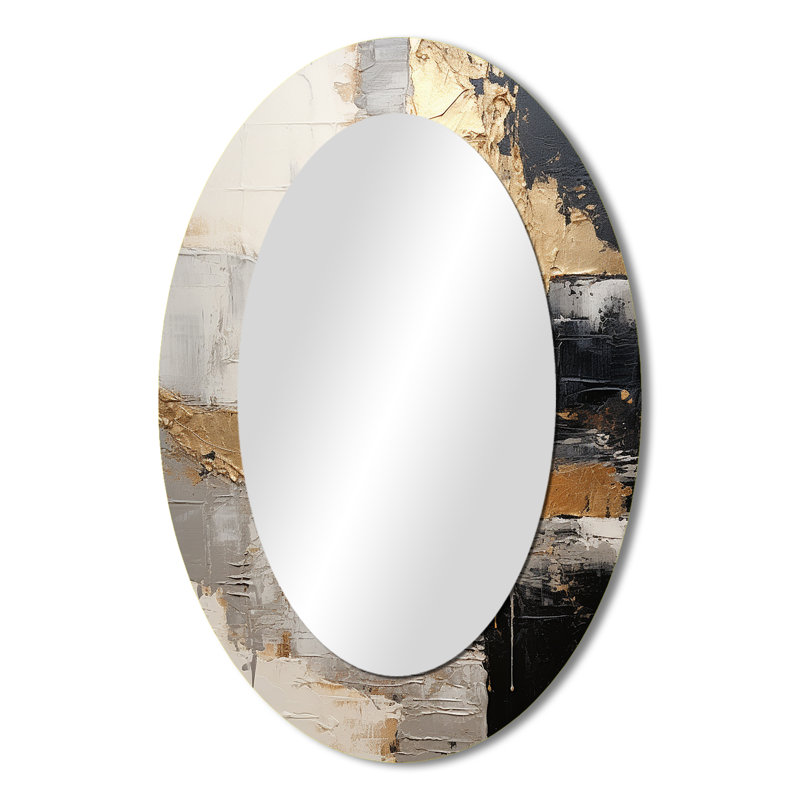 Gray Gold Minimalism Poteries I - Abstract Oval Decorative Mirror On Metal, 36" x 24"