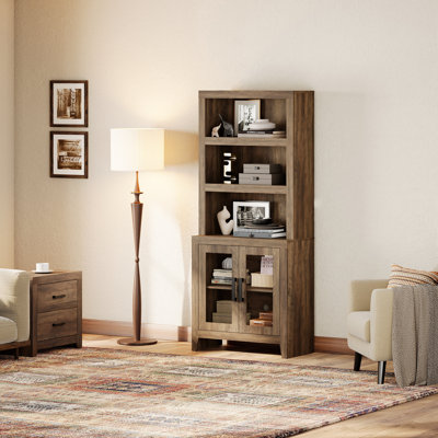 Bibliothèque à 3 niveaux avec porte vitrée, bibliothèque de 74 po de hauteur avec tablette réglable et armoire de rangement, bibliothèque en bois de style campagnard pour salon, bureau, bibliothèque, brun