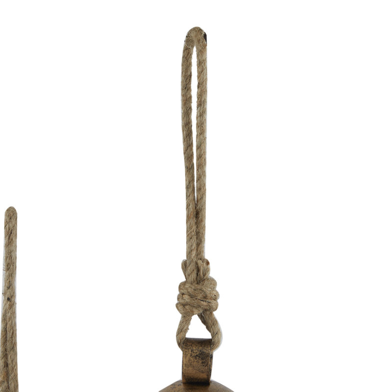 Metal Tibetan Inspired Indoor Outdoor Decorative Cow Bells with Jute Hanging Rope Set, Golden
