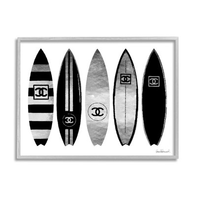 Fashion Designer Surf Boards Black Silver Watercolor  Gray Farmhouse Oversized Rustic Framed Giclee Texturized Art by Amanda Greenwood