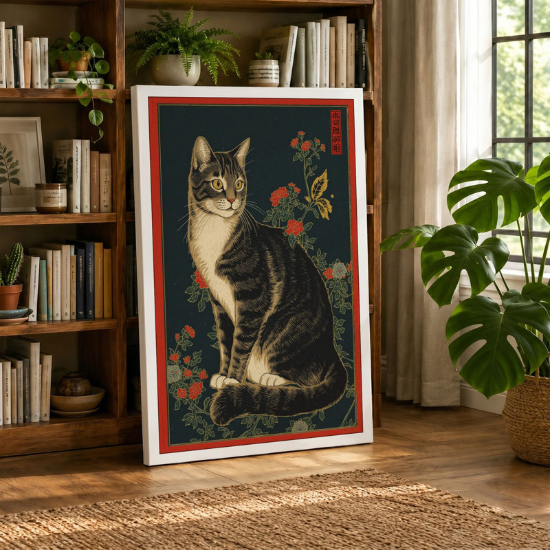 Tabby and Flowers Japandi - Wrapped Canvas, 36x24 - 91.4 x 61.0 cm, Terracotta Border