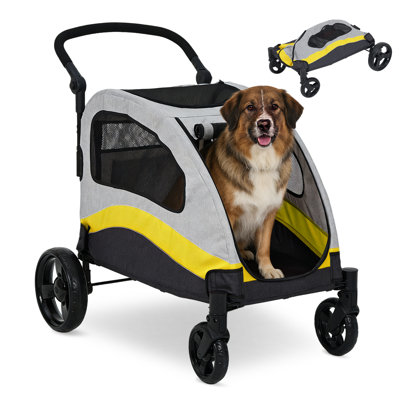 Heavy Duty Extra Large Dog Stroller for Big Dogs Up to 88 lbs – Collapsible Pet Pram with 360° Swivel Wheels, Shock Absorption, Mesh Window, Removable Washable Pad – Yellow
