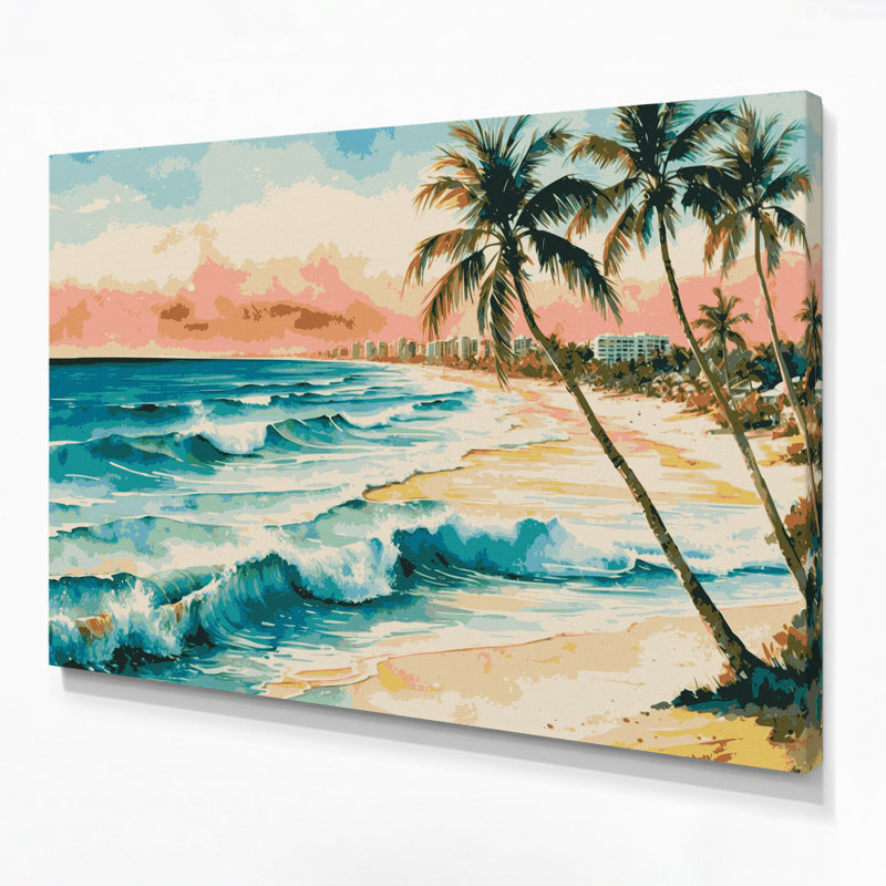 Art mural sur toile beige avec villes de Cancun, H 20 po x l 30 po