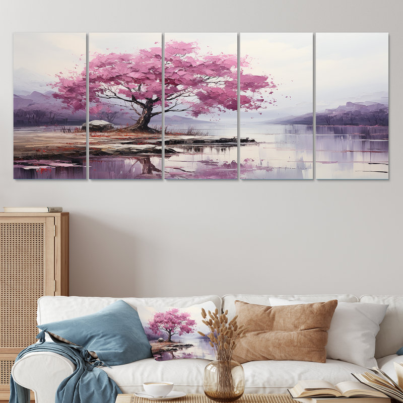 Fleur de cerisier mauve au bord du lac II - Arbre à fleurs de cerisier 5 pièces, H 32 po x l 80 po