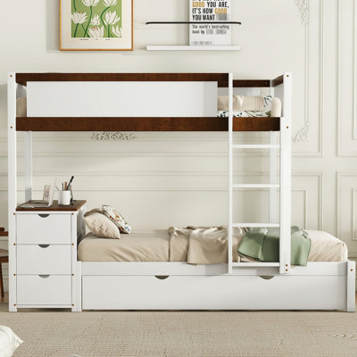 Lit superposé Twintwin avec rangement de bureau en blanc élégant + blanc noyer + lit gigogne et bureau en noyer. Space Space Solution. Convient aux maisons modernes