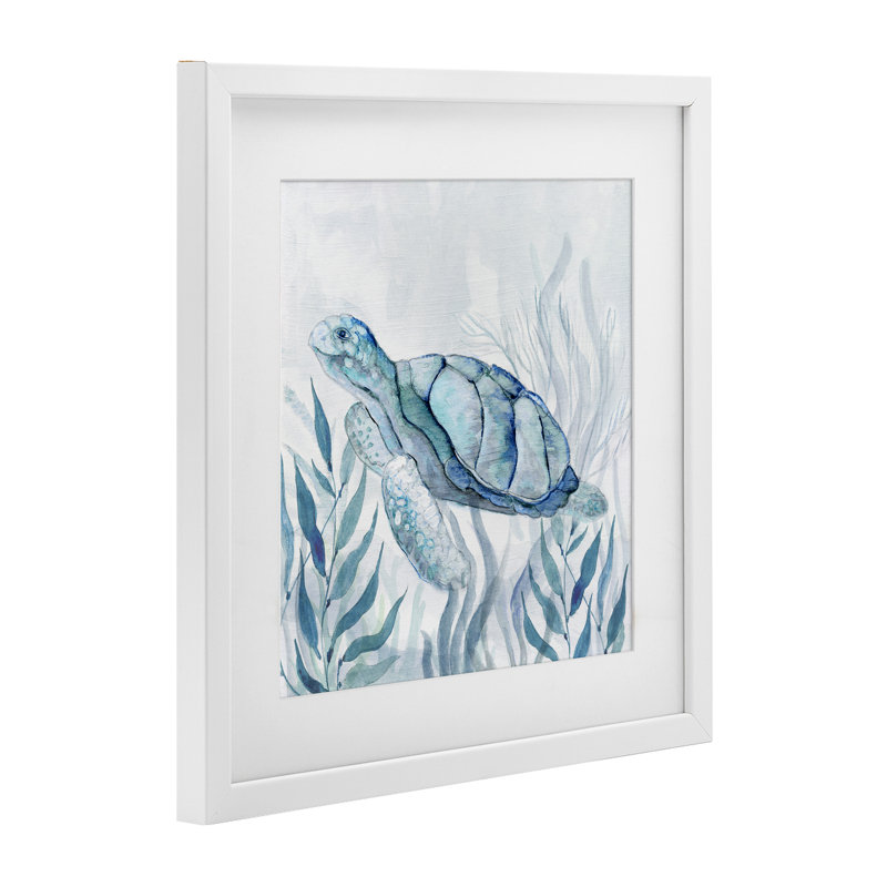 Tortue de mer avec sourire subtil, reproduction encadrée sous verre, design par Janet Tava, H 16 po x l 16 po