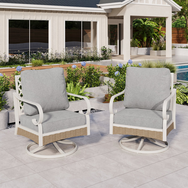 Swivel Outdoor Patio Lounge Chair, Light Gray Cushion/White Frame