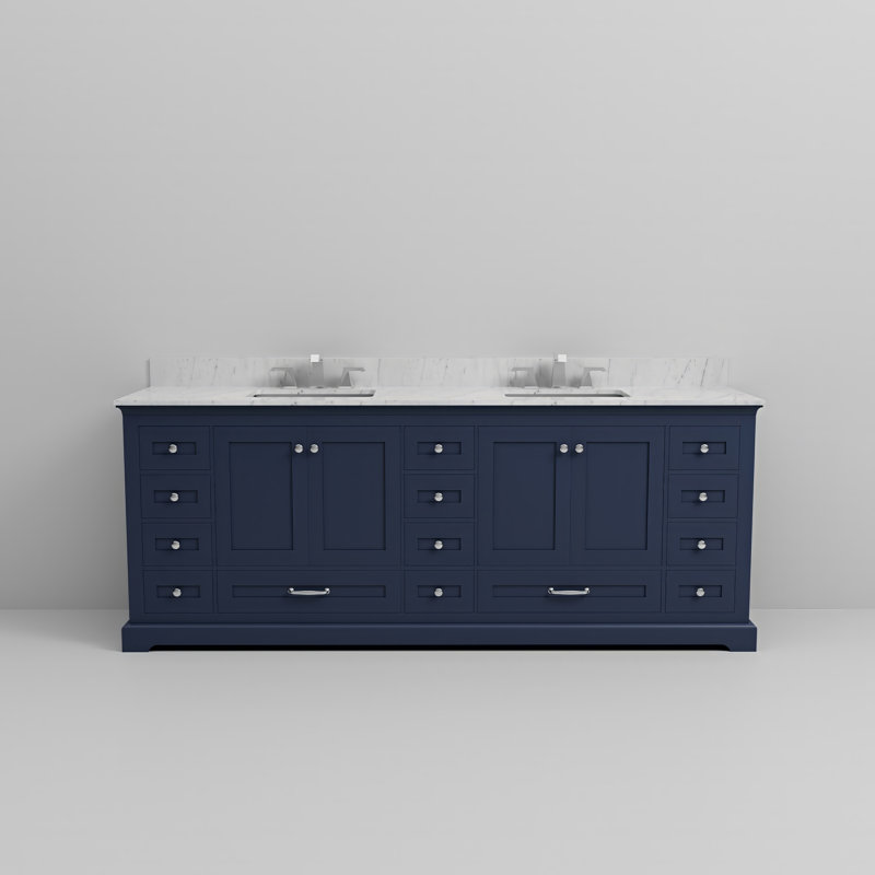 Ensemble de meuble-lavabo double 84 po Dukes, Marine, Marbre de Carrare blanc