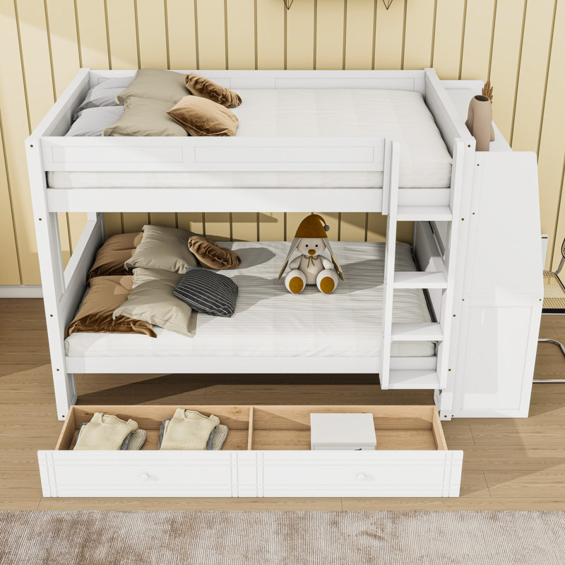 Full Over Full Wood Bunk Bed With Desk And Shelves and Drawer, White