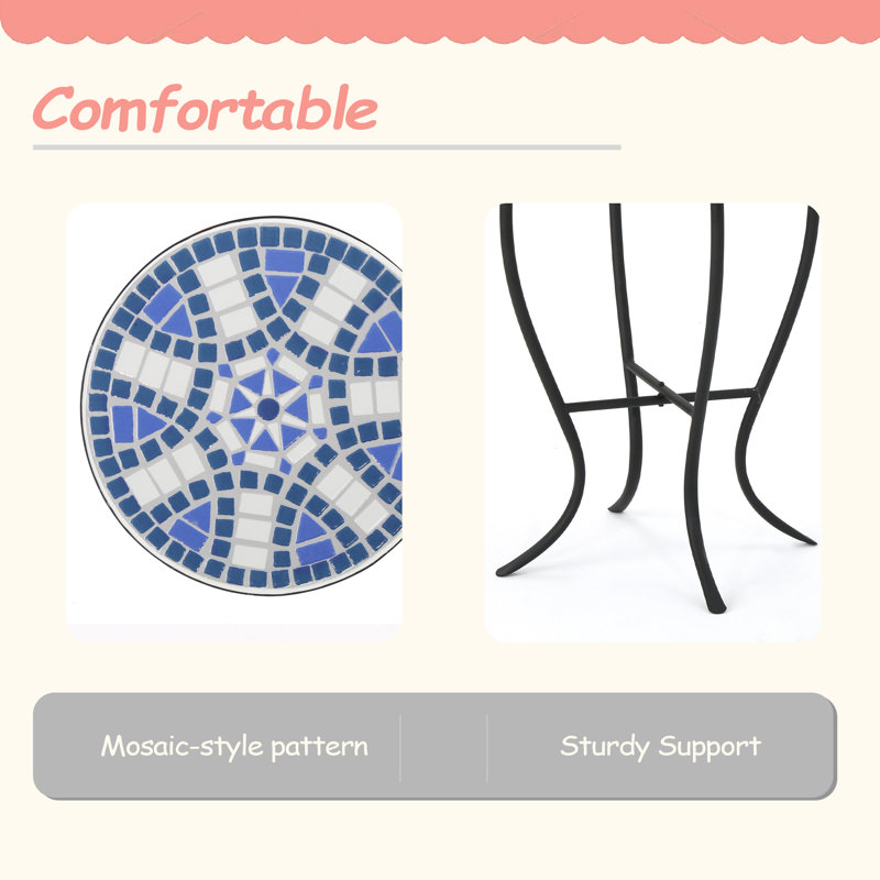 Table d'appoint ronde facile à assembler avec plateau de style mosaïque et pieds en fer courbés, table de bout facile à assembler