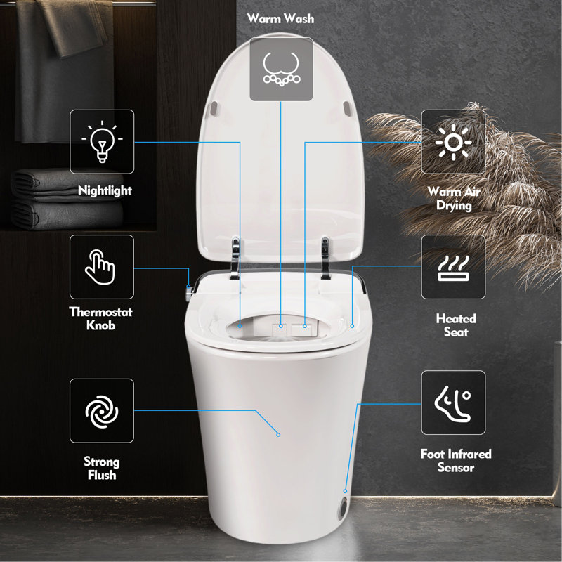 Luxury Smart Toilet With Dryer And Warm Water,  Elongated Bidet Toilet With Heated Seat, With Remote Control, LED Night Light, Power Outage Flushing, Soft Close Cover,Whit
